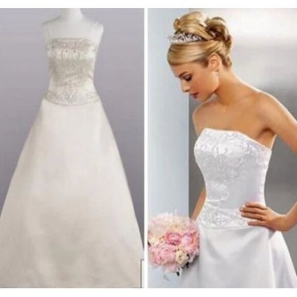 Davids Bridal Strapless Satin A-Line Wedding Gown With Embroidered Train Size 10 - Picture 1 of 13